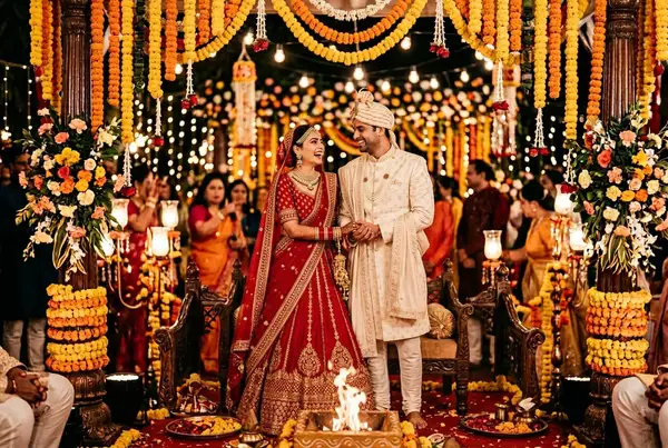 Indian bridal lehenga and groom sherwani coordination